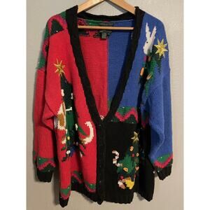 Vintage Cullinane Cardigan Hand Knit Womens 1X Christmas Dog Cat Bunny Artsy 90s